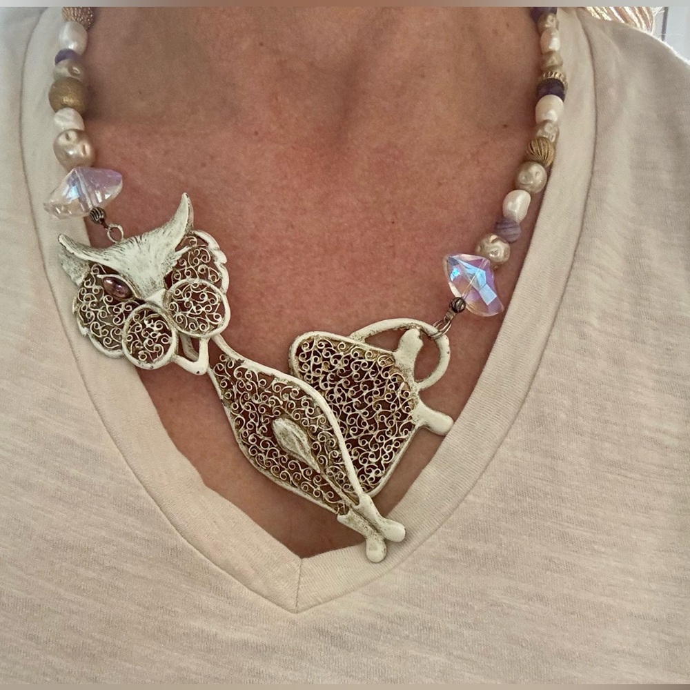 Vintage Artisan Filigree Cat Pendant with Pearl and gold beaded necklace